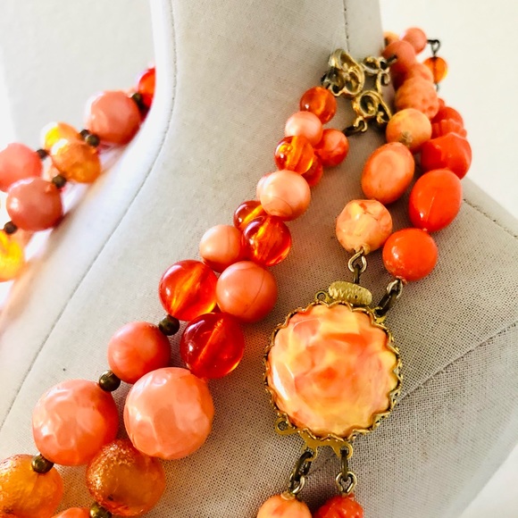 Retro vintage Orange Neon Bead Necklace Mod flower lot - Picture 10 of 16
